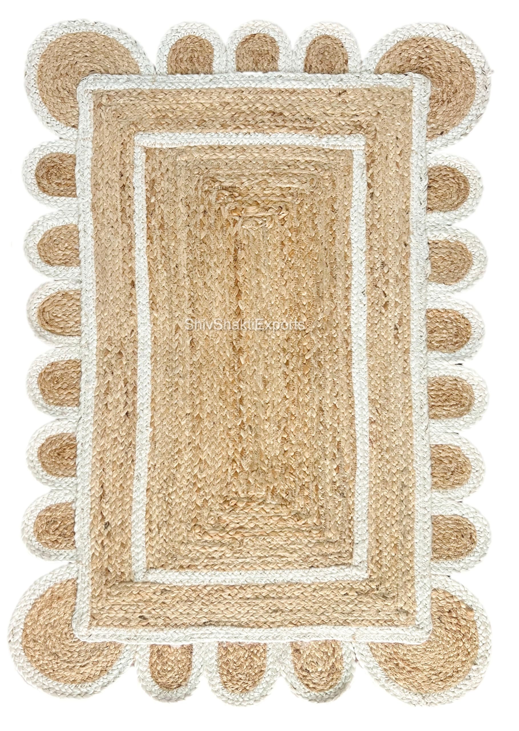 Shiv Shakti Exports White Scalloped Natural Jute Area Rug, Natural Base Off White Trim (2x3 Feet / 61x92 Cm)