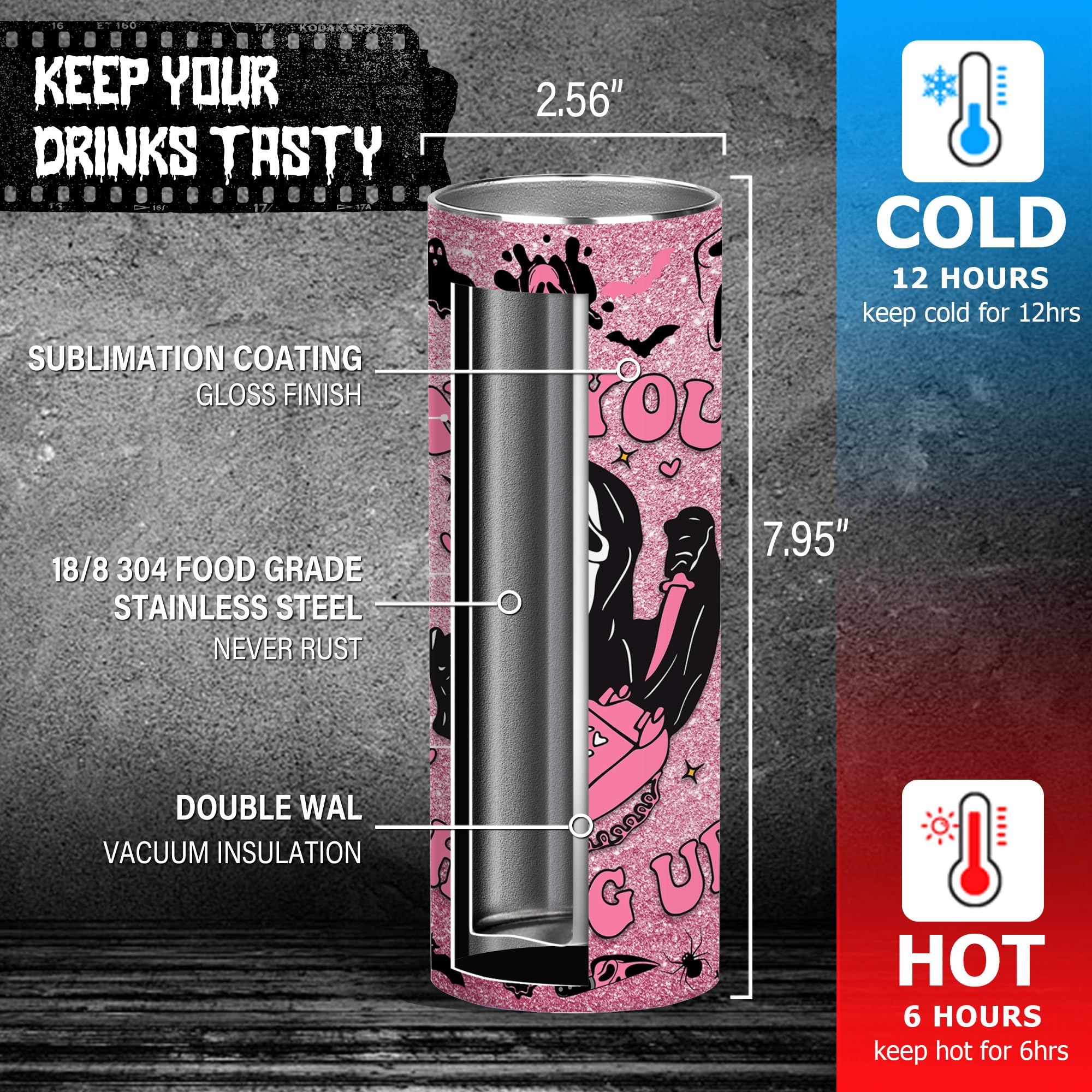 TUMBTU Ghostface 20oz Skinny Tumbler for Women Girls Spooky Vibes 20oz Horror Scary Face Theme Decor Insulated Cup with Lid -Vacuum Stainless Steel Coffee Mug Stemless Pink Cup