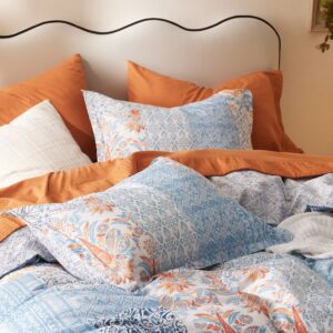 Bedsure Cotton Duvet Cover Queen Size - 100% Cotton Reversible Bohemian Blue Duvet Cover Set with Zipper, Paisley Patterned Bedding Comforter Cover, 1 Duvet Cover 90"x90" and 2 Pillow Shams 20"x26"