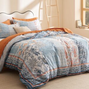 Bedsure Cotton Duvet Cover Queen Size - 100% Cotton Reversible Bohemian Blue Duvet Cover Set with Zipper, Paisley Patterned Bedding Comforter Cover, 1 Duvet Cover 90"x90" and 2 Pillow Shams 20"x26"