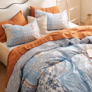 Bedsure Cotton Duvet Cover Queen Size - 100% Cotton Reversible Bohemian Blue Duvet Cover Set with Zipper, Paisley Patterned Bedding Comforter Cover, 1 Duvet Cover 90"x90" and 2 Pillow Shams 20"x26"