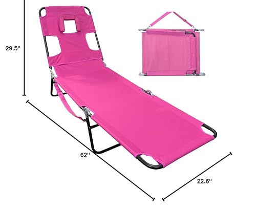 Face Down Tanning Chaise Lounge Chair - Face & Arm Holes - 2 Legs Support - Polyester Material – Backrest Positions - Head Rest Pillow - Beach or Home Use - Read and Tan - Pink Stripes Pattern