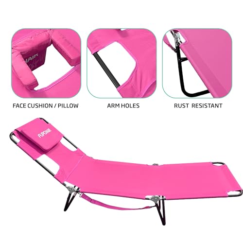 Face Down Tanning Chaise Lounge Chair - Face & Arm Holes - 2 Legs Support - Polyester Material – Backrest Positions - Head Rest Pillow - Beach or Home Use - Read and Tan - Pink Stripes Pattern