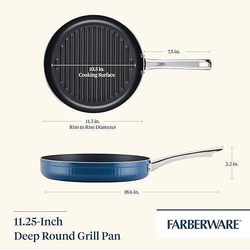 Farberware Style Nonstick Cookware Deep Round Grill Pan/Griddle, Dishwasher Safe, 11.25 Inch - Blue