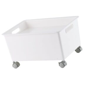 beijialy plastic rooling storage bin with handle and rolling wheels, storage basket roller basket, portable movable large capacity organizer box for books clothes shoes(white)