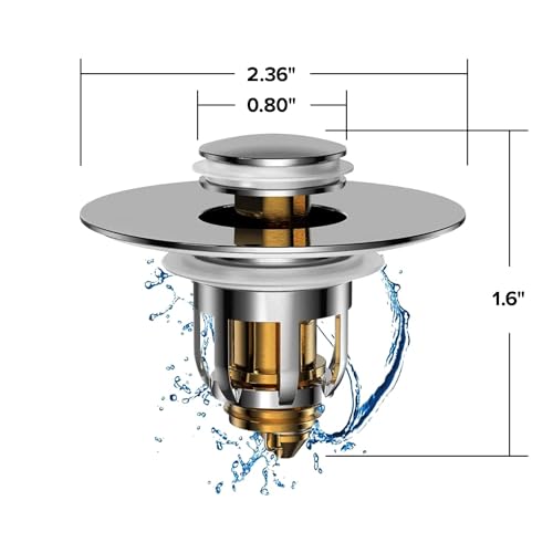 Mer-Maid Drain Magic AS-SEEN-ON-TV Replace Broken or Missing Bathroom Drain Stoppers in Seconds, No Tools, Push To Fill, Hair Catcher Prevents Clogs, Watertight Silicone Seal,Chrome Plated Solid Brass