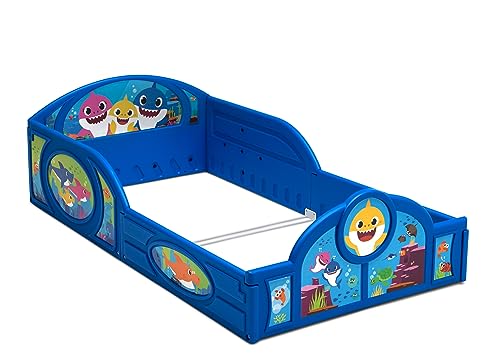 Baby Shark Plastic Sleep and Play Plastic Toddler Bed + Delta Children Twinkle Galaxy Dual Sided Recycled Fiber Core Crib and Toddler Mattress (Bundle)