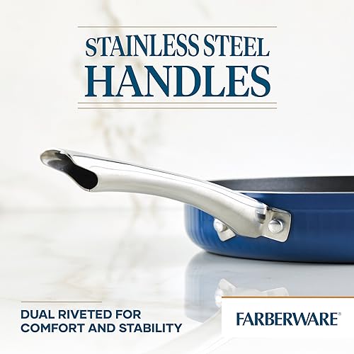 Farberware Style Nonstick Cookware Deep Round Grill Pan/Griddle, Dishwasher Safe, 11.25 Inch - Blue