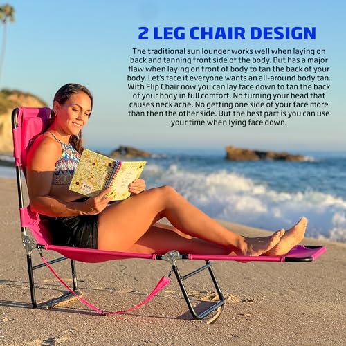 Face Down Tanning Chaise Lounge Chair - Face & Arm Holes - 2 Legs Support - Polyester Material – Backrest Positions - Head Rest Pillow - Beach or Home Use - Read and Tan - Pink Stripes Pattern