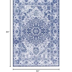 OHWPEAT 5x7 Feet Boho Vintage Living Room Area Rug, Lightweight Non-Shedding Carpet, Hardwearing Stain-Resistant Machine Washable, Non-Slip Rug for Bedroom Office Dining Room Kids Room, Blue Rugs