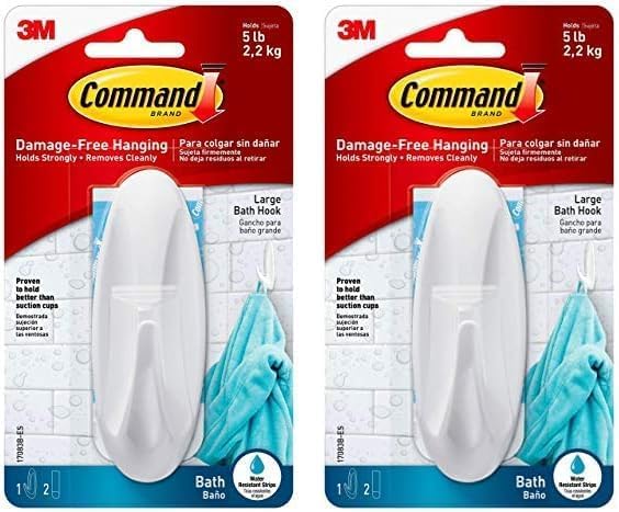 Command Designer Bath Hook, Large, White, 1-Hook with Water-Resistant Strips (17083B-ES), Organize Your Dorm (Pack of 2)