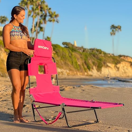 Face Down Tanning Chaise Lounge Chair - Face & Arm Holes - 2 Legs Support - Polyester Material – Backrest Positions - Head Rest Pillow - Beach or Home Use - Read and Tan - Pink Stripes Pattern