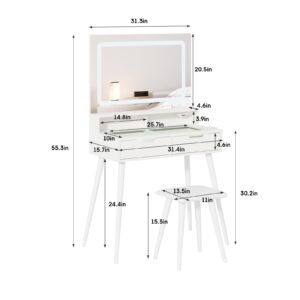 Vabches White Vanity Desk with Led Mirror&Charging Station,Glass Tabletop Vanity Table Set with Stool,Small Makeup Vanity with Drawers for Bedroom