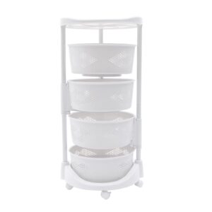 sahuaniye rotating storage rack, 4-tier rotating fruit basket racks for kitchen, movable vegetable storage shelf cart with wheels, floor standing 360° rotation organizer for potato & onion (white)