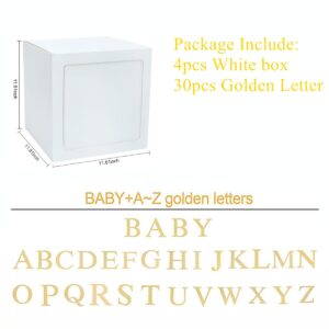 Baby Shower Decoration 11.8inch Balloon Box, DIY 4pcs White Baby Boxes with 30 Letters, Centerpieces Party Favors for Baby Girl Boy Birthday Gender Reveal Backdrop (White Box With Golden Letters)