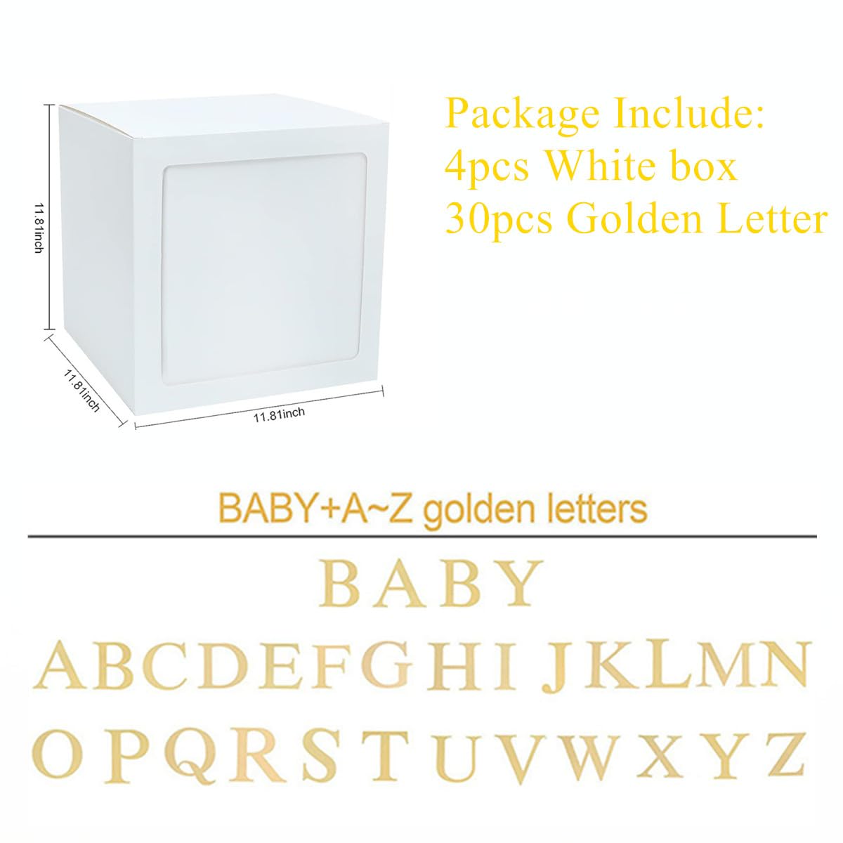 Baby Shower Decoration 11.8inch Balloon Box, DIY 4pcs White Baby Boxes with 30 Letters, Centerpieces Party Favors for Baby Girl Boy Birthday Gender Reveal Backdrop (White Box With Golden Letters)