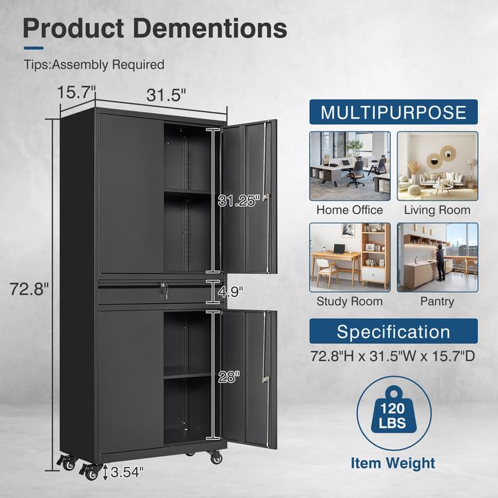 AFAIF Black Metal Storage Cabinet with Wheels, 73" Tall Garage Rolling Storage Cabinet with Doors and Shelves, Lockable Tool Cabinet Steel Locking Cabinets for Home Office, Garage, Pantry