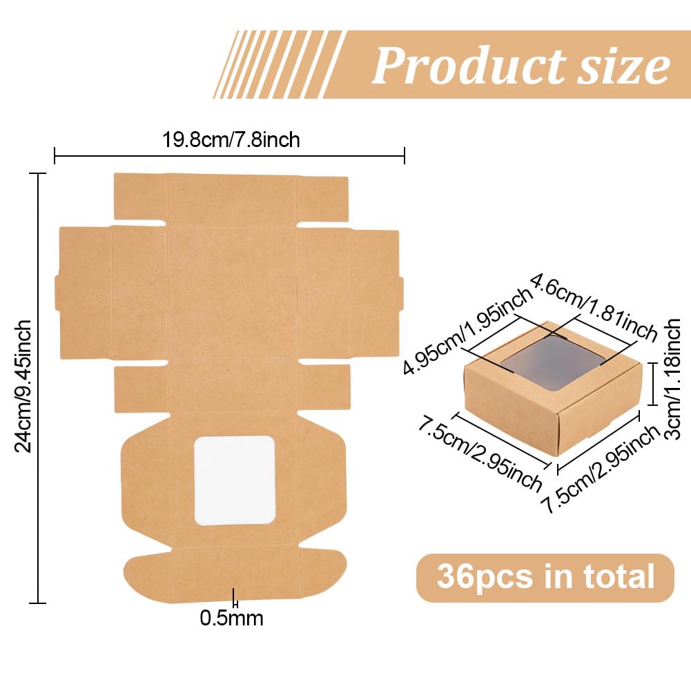 BENECREAT 36 Packs 3x3x1.2 Inch Brown Kraft Paper Box with Clear Windows Foldable Paper Gift Box Goodies Candy Box Dessert Box for Party Wedding Bakery Packaging