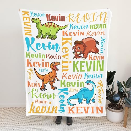 YMDLQDP Custom Name Blanket with Dinosaur Personalized Kids Blanket for Birthday Halloween Customized Throw Blankets Cute Animal Blanket for Bed Couch Camping