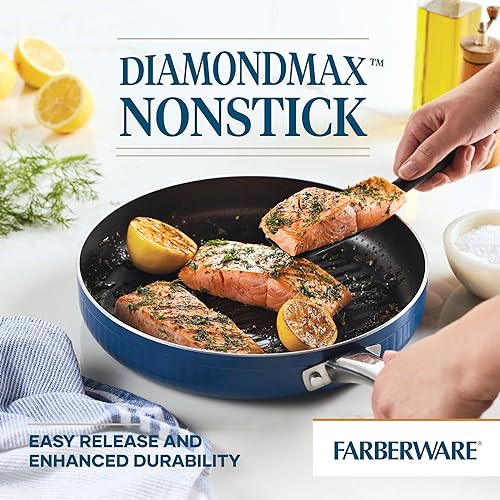 Farberware Style Nonstick Cookware Deep Round Grill Pan/Griddle, Dishwasher Safe, 11.25 Inch - Blue