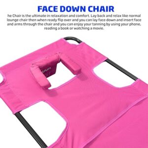 Face Down Tanning Chaise Lounge Chair - Face & Arm Holes - 2 Legs Support - Polyester Material – Backrest Positions - Head Rest Pillow - Beach or Home Use - Read and Tan - Pink Stripes Pattern