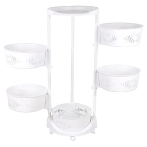 SAHUANIYE Rotating Storage Rack, 5-Tier Rotating Fruit Basket Racks For Kitchen, Movable Vegetable Storage Shelf Cart With Wheels, Floor Standing 360° Rotation Organizer For Potato & Onion, White