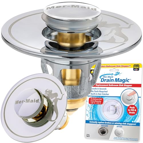 Mer-Maid Drain Magic AS-SEEN-ON-TV Replace Broken or Missing Bathroom Drain Stoppers in Seconds, No Tools, Push To Fill, Hair Catcher Prevents Clogs, Watertight Silicone Seal,Chrome Plated Solid Brass