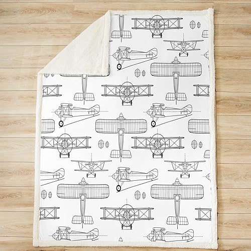 Airplane Kids Throw Blanket,Hand-Painted Sketch American Aircraft Bed Blanket for Girls Boys Adults,Air Vehicles Cartoon Fleece Blanket,Black White Fuzzy Blanket,Baby Size (30 x 39 Inches)