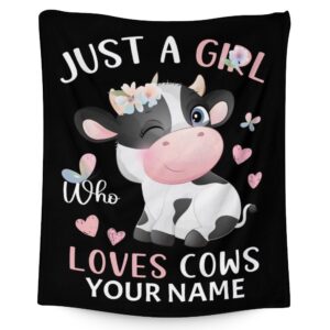 custom cow blanket with name for kids, aldults - soft, fuzzy & cozy - 50"x60" throw size blankets for sofa, work - black cute warm throw blankets gifts