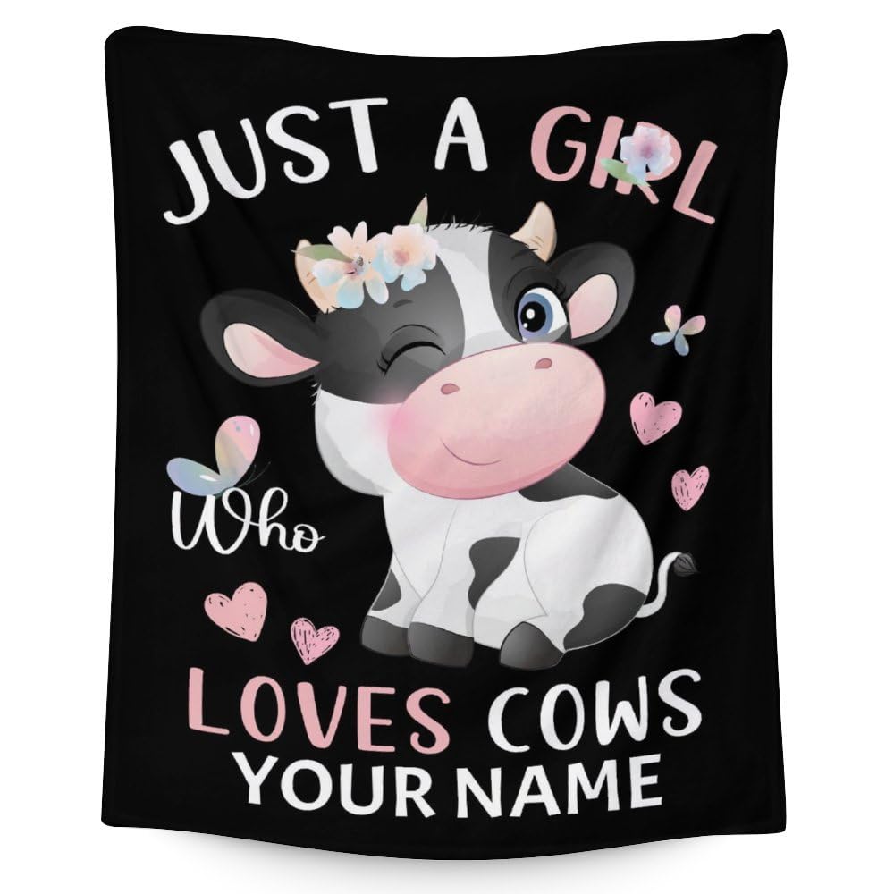 Custom Cow Blanket with Name for Kids, Aldults - Soft, Fuzzy & Cozy - 50"x60" Throw Size Blankets for Sofa, Work - Black Cute Warm Throw Blankets Gifts