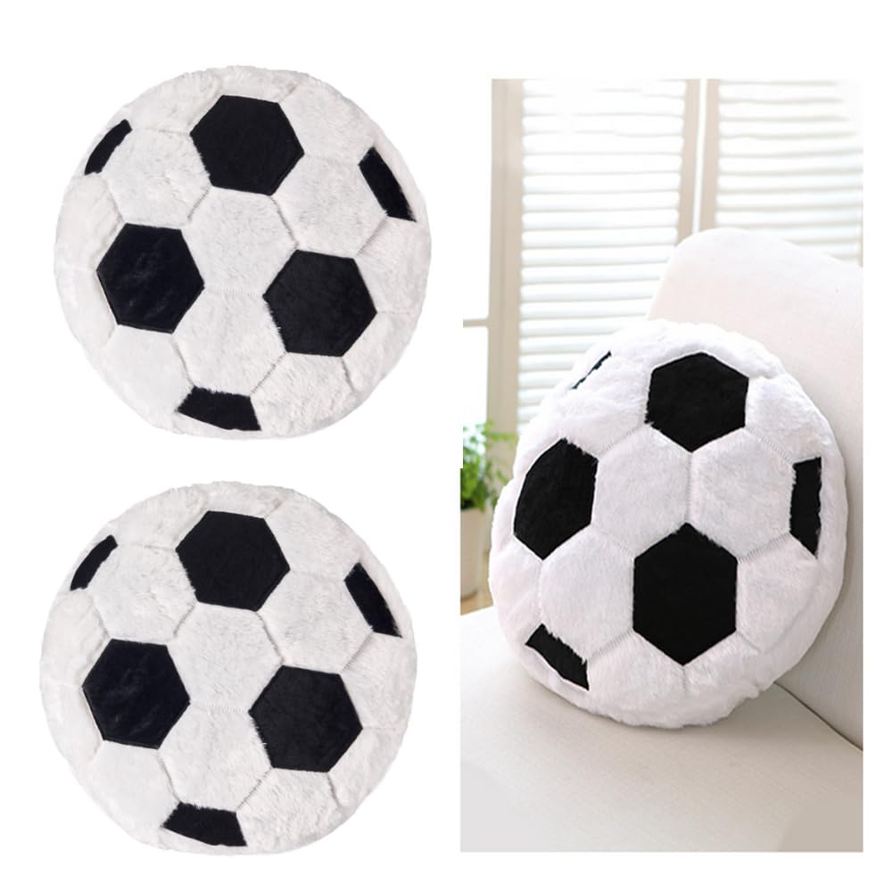 JPORSHU 2Pcs Sports Pillow Fluffy Soft Throw Pillow Toy ，Soccer Plush Pillow Sport Theme Cushion Stuffed Pillow, Sphere Pillow Toys Gift for Kids Boy Girls Children Room Decoration(Soccer)