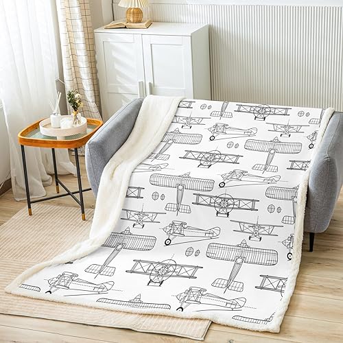 Airplane Kids Throw Blanket,Hand-Painted Sketch American Aircraft Bed Blanket for Girls Boys Adults,Air Vehicles Cartoon Fleece Blanket,Black White Fuzzy Blanket,Baby Size (30 x 39 Inches)