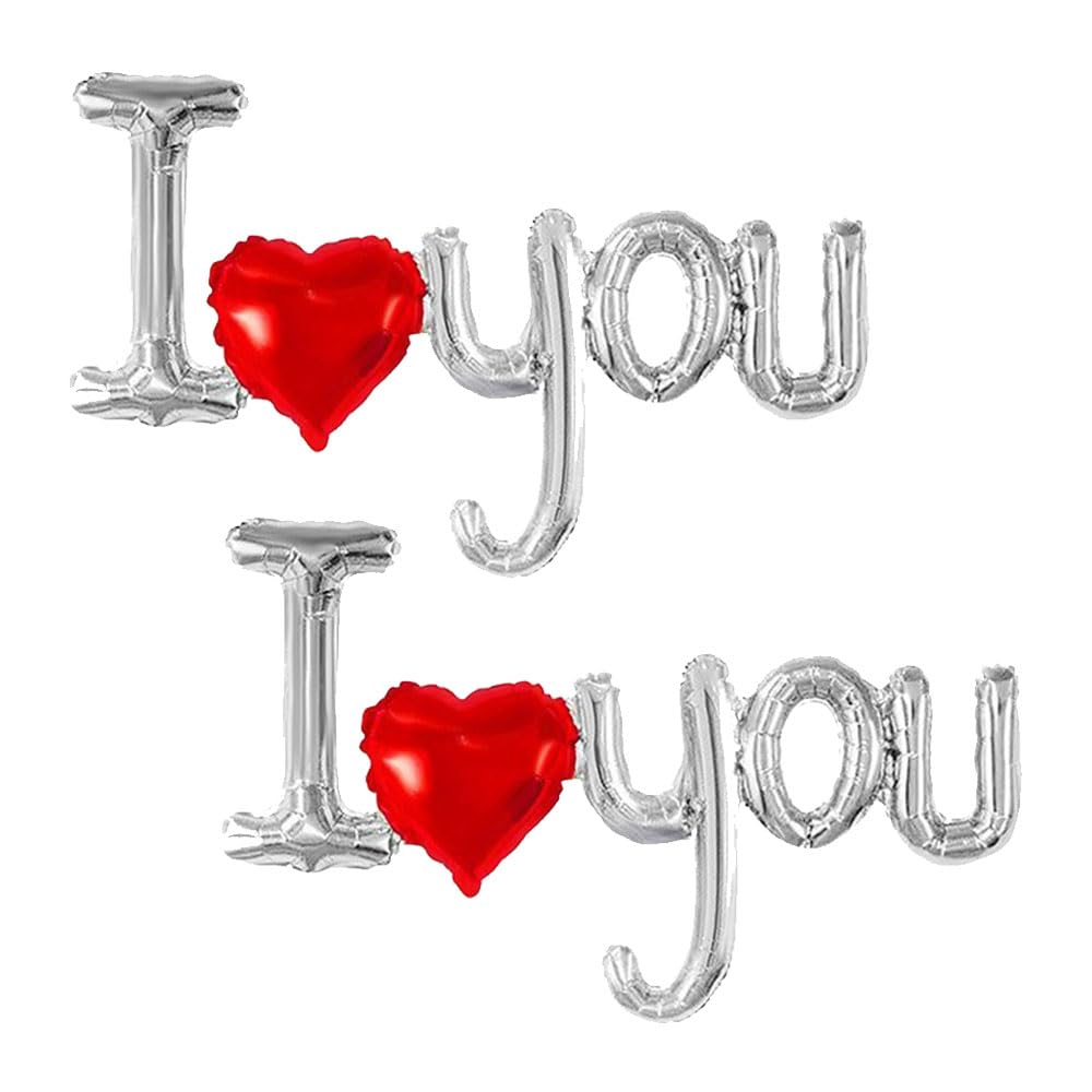 I Love You Balloons, 2 PCS Red and Silver I Love U Banner Foil Letter Balloon for Valentines Day Party Engagement Anniversary Wedding Decor Supplies