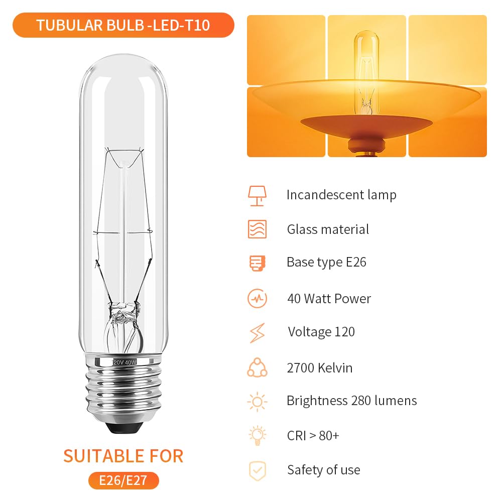 Usoway 40 Watt T10 Clear Tubular Incandescent Light Bulb, E26 Medium Base,2700K Soft White,280 Lumens,Showcase lamp. (6)