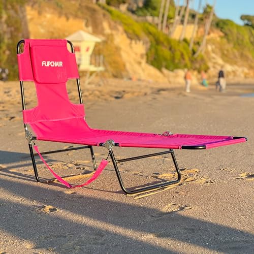 Face Down Tanning Chaise Lounge Chair - Face & Arm Holes - 2 Legs Support - Polyester Material – Backrest Positions - Head Rest Pillow - Beach or Home Use - Read and Tan - Pink Stripes Pattern