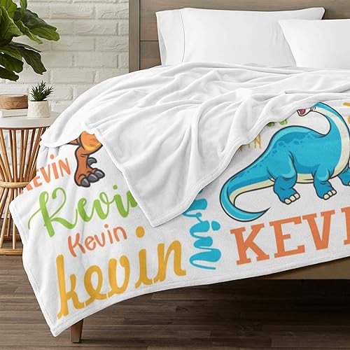 YMDLQDP Custom Name Blanket with Dinosaur Personalized Kids Blanket for Birthday Halloween Customized Throw Blankets Cute Animal Blanket for Bed Couch Camping