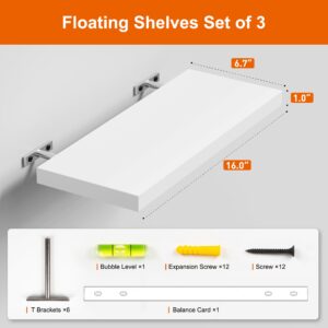 oridom Floating Shelves for Wall, White Wood Wall Shelf Set of 3, 16" Wall Mounted Floating Shelf for Kitchen, Living Room, Bedroom, Bathroom Storage, Book Shelf for Wall Home Decor, Frame Display