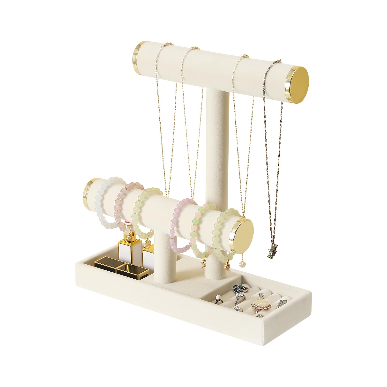 Pangkeep Jewelry Holder Stand,2 Tier Necklace Bracelet Organizer with Tray,Jewelry Displays for Selling Bangles Scrunchie Hair ties Watches and Chains,Beige Velvet.