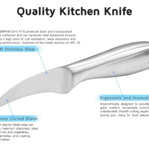 WELLSTAR 2.5 Inch Birds Beak Paring Knife, Sharp High Carbon Stainless Steel Curved Blade for Fruit and Vegetable Peeling Garnishing Cutting – Silver