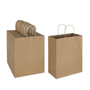 oikss 100 pack 10x5x13 plain natural brown kraft paper bags with handles bulk for birthday party favors grocery retail shopping business goody recycled craft gift bags (large size, 100 count)