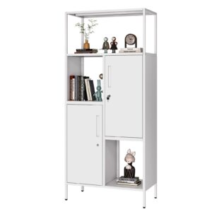 afaif bookshelf with doors, 71" h tall bookcase with storage shelves and lock, modern open shelf bookcase, white metal bookcases with storage cabinet for home office, bedroom, living room