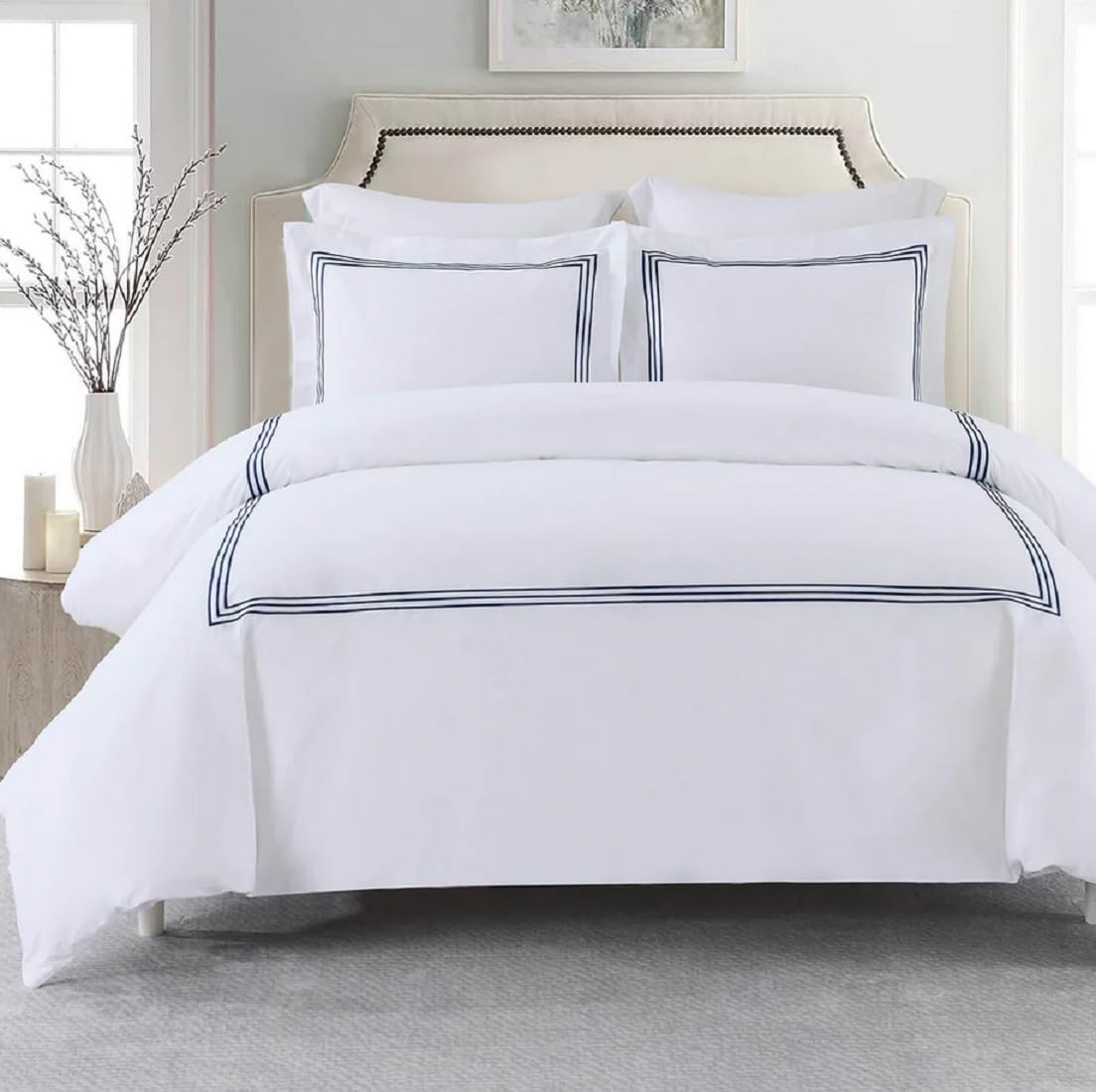 Royal Tradition 3pc Percale Duvet Cover Set (Full/Queen, Navy) Adeline Embroidered Comforter Cover with Pillow Shams