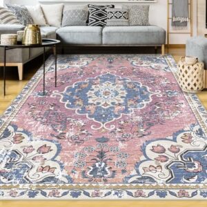 hdfk fuchsia area rug boho, vintage oriental carpet 5x7 purple red large colorful aesthetic bohemian floor non slip machine washable for kitchen living room bedroom dining room dorm indoor classroom