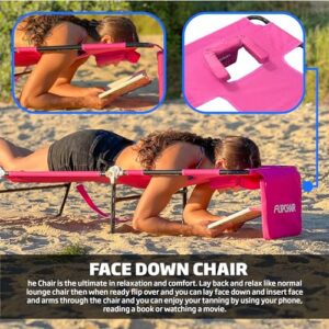 Face Down Tanning Chaise Lounge Chair - Face & Arm Holes - 2 Legs Support - Polyester Material – Backrest Positions - Head Rest Pillow - Beach or Home Use - Read and Tan - Pink Stripes Pattern