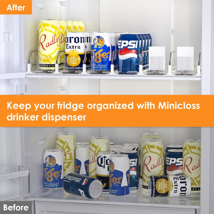 Minicloss Drink Organizer for Fridge,Fridge Organization,Soda Can Organizer,Spring Loaded Beverage Storage (6 Row, White)