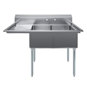 Two Compartment Stainless Steel Commercial Kitchen Prep & Utility Sink with Left Drainboard | Bowl Size 18" x 18" X 12" | NSF