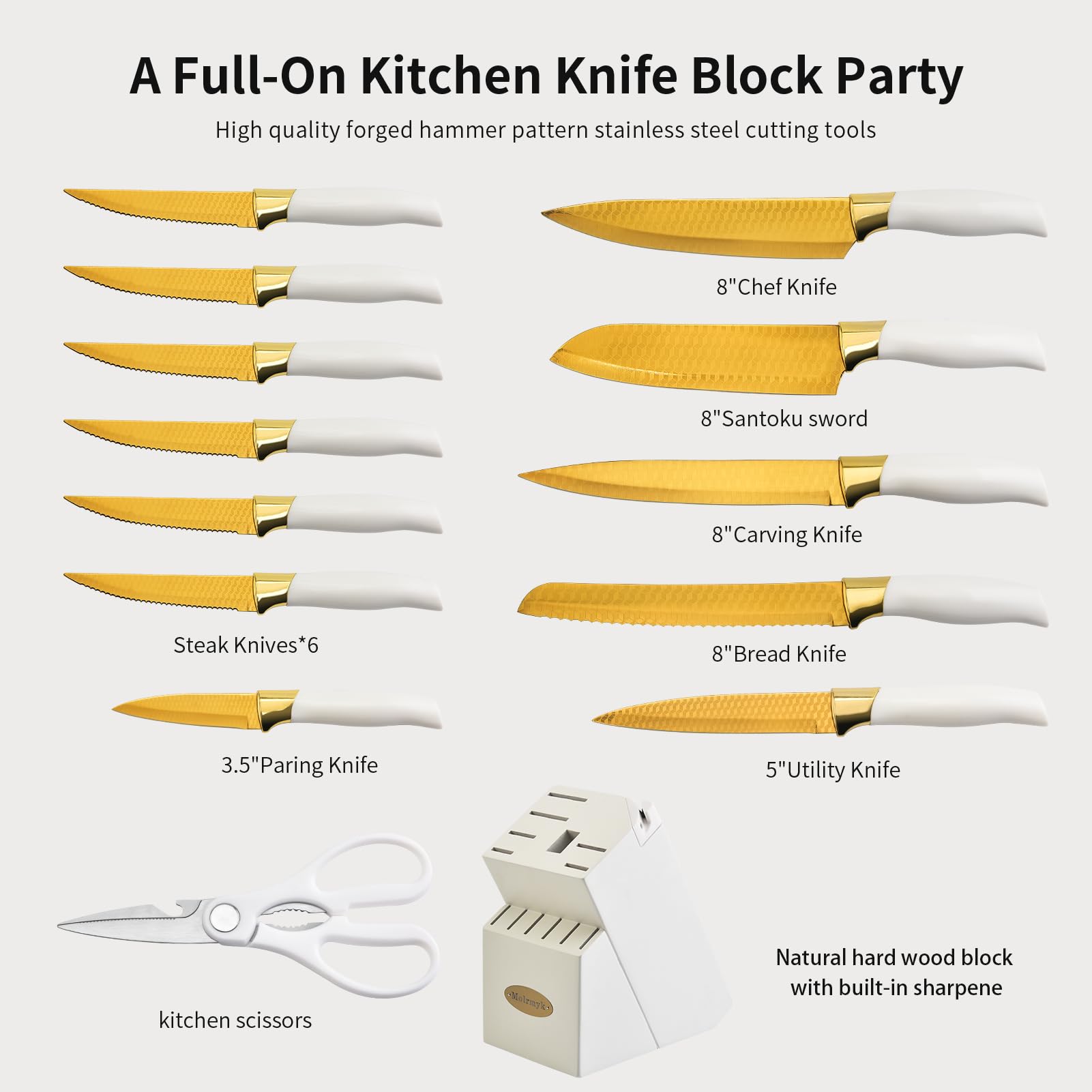 Knife Set, Non Stick Thick and Sharp Stainless Steel Kitchen Knives Set with Wood Block, 14 Pcs Cutlery Knives Block Set with Steak Knife, Bread Knife, Scissors, Chef Quality, White Handle Gold Blade