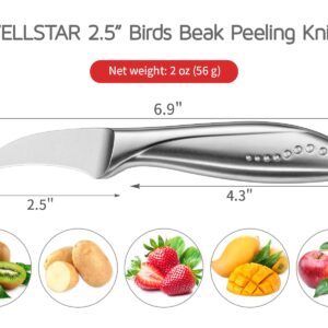 WELLSTAR 2.5 Inch Birds Beak Paring Knife, Sharp High Carbon Stainless Steel Curved Blade for Fruit and Vegetable Peeling Garnishing Cutting – Silver