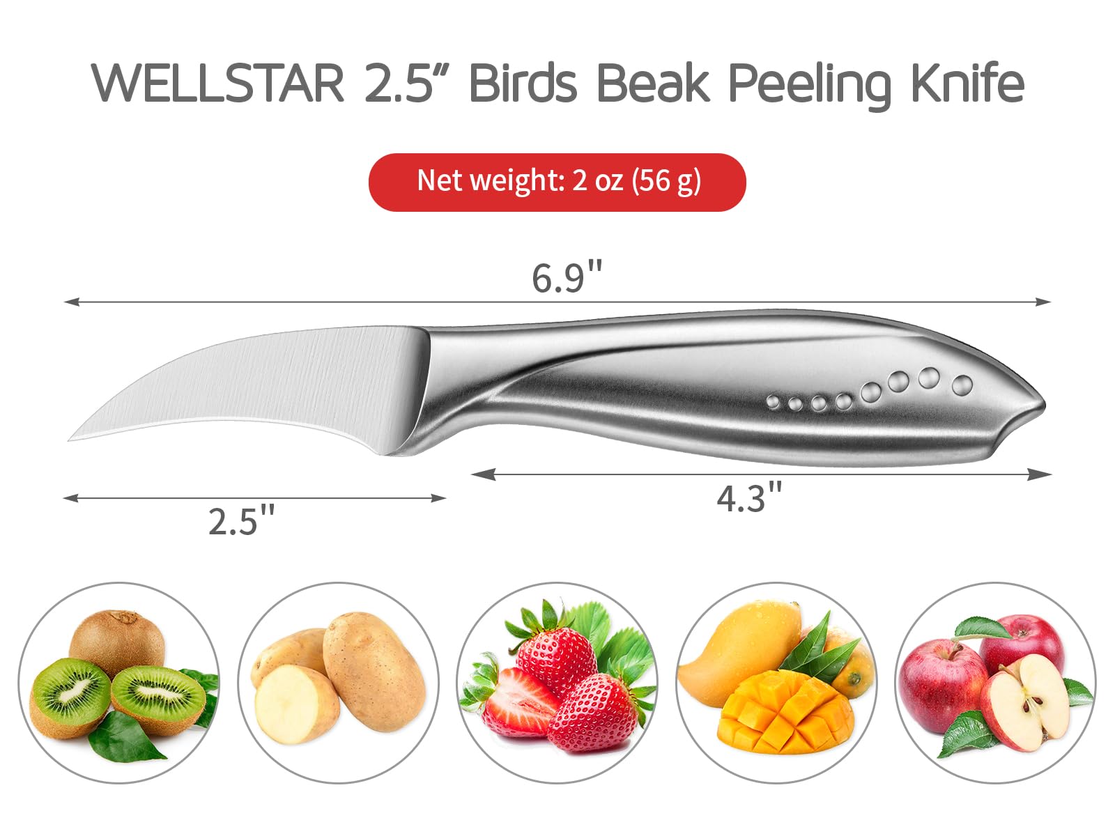 WELLSTAR 2.5 Inch Birds Beak Paring Knife, Sharp High Carbon Stainless Steel Curved Blade for Fruit and Vegetable Peeling Garnishing Cutting – Silver