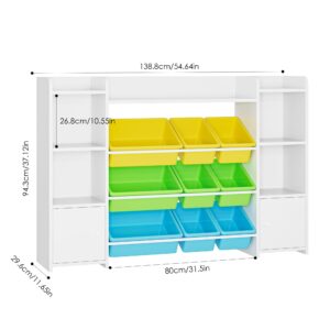 FOTOSOK 55'' Large Toy Storage Organizer with 9 Toy Bins, Toy Organizers and Storage with Shelf and 6 Storage Cubbies, Bookshelf, Playroom Organization and Storage Bins, Yellow/Green/Blue